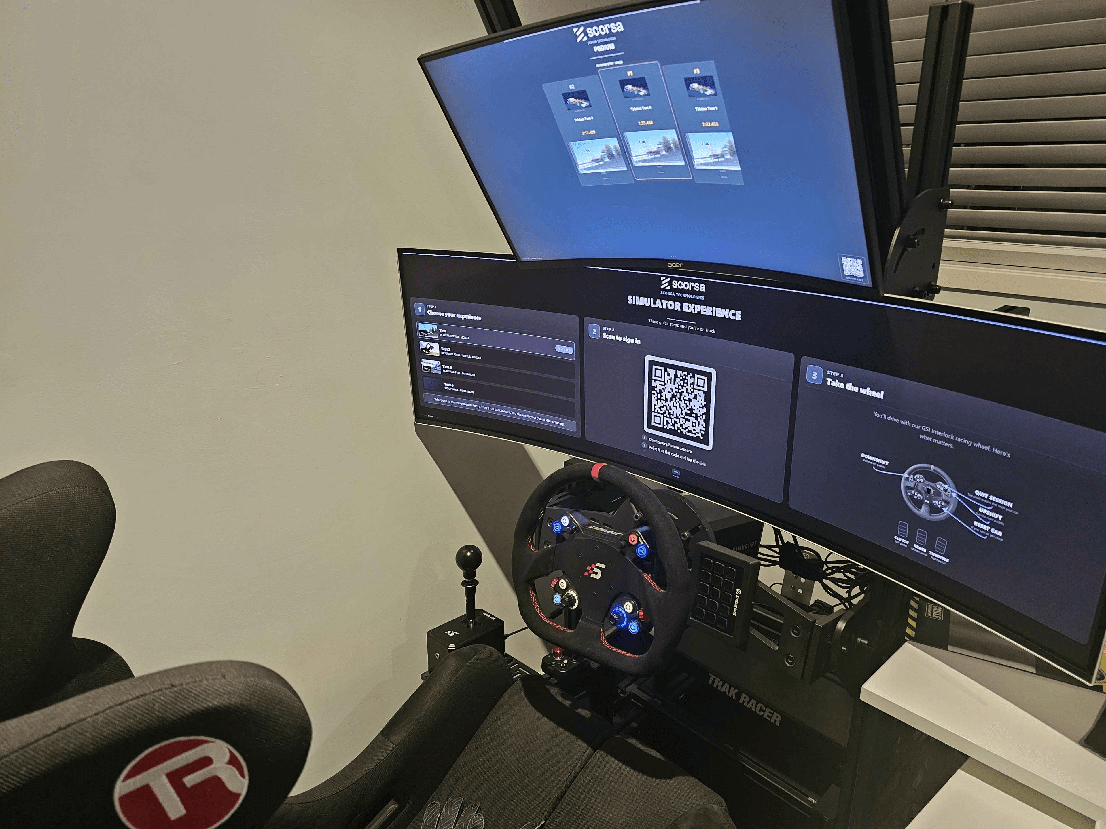 Station sign-in and venue leaderboard on a real racing rig.