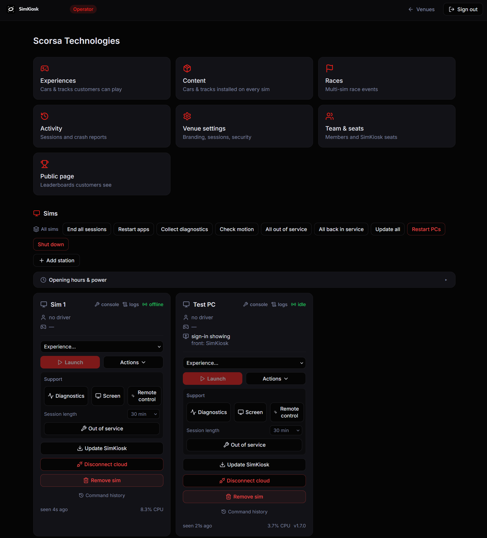 Play venue dashboard showing experiences, activity and connected sim controls.