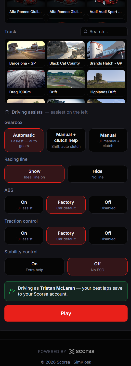 Phone controls for gearbox, racing line and driving assists, followed by the Play button.