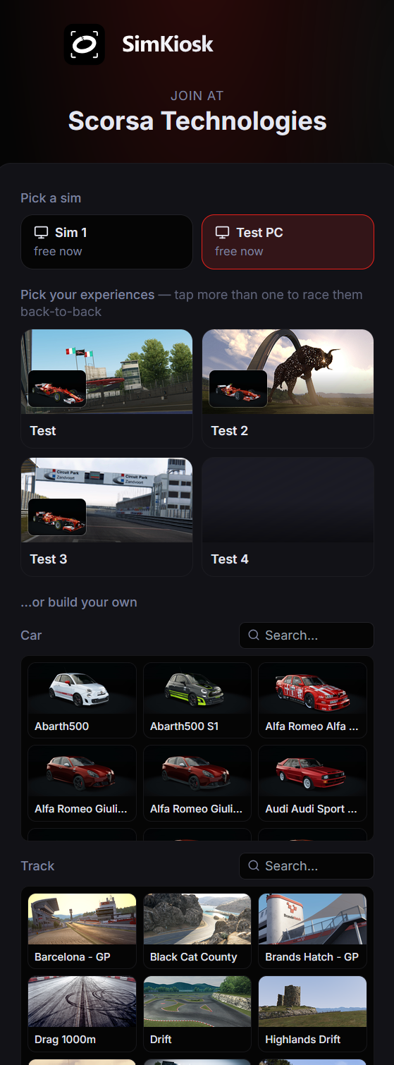 Phone sign-in showing sim selection, experiences, cars and tracks.